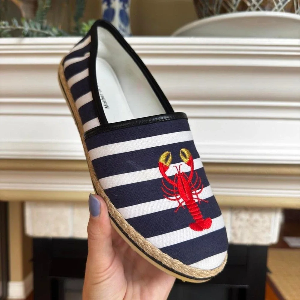 Mother of Pearl navy white stripe embroidered lobster preppy coastal espadrille